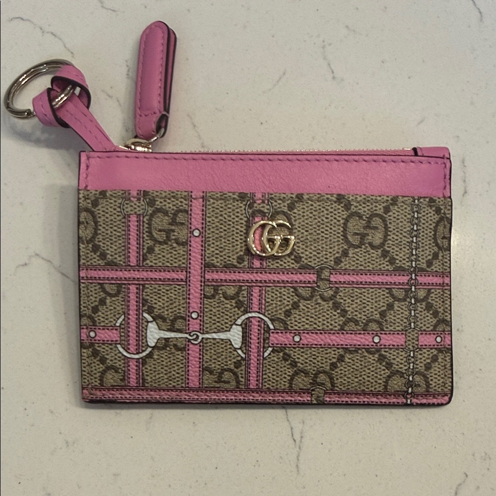 NWOT Gucci Pink and Brown GG Coated Canvas Card Holder with Key Ring COA Include - Picture 4 of 4